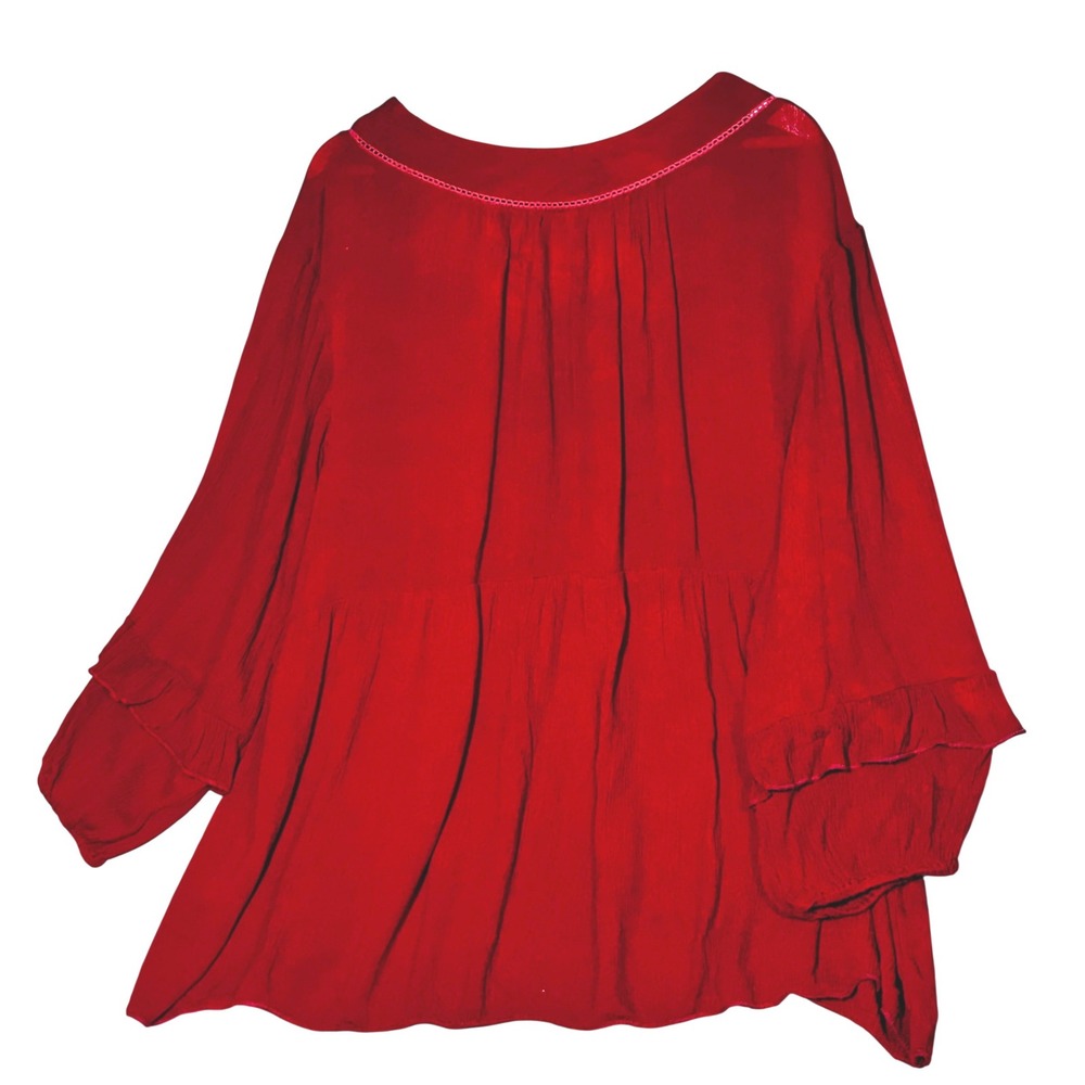 Westport Women's 1X Red Boho Red Peasant Blouse Tie Neck Ruffle Sleeve Comfort - Picture 3 of 16